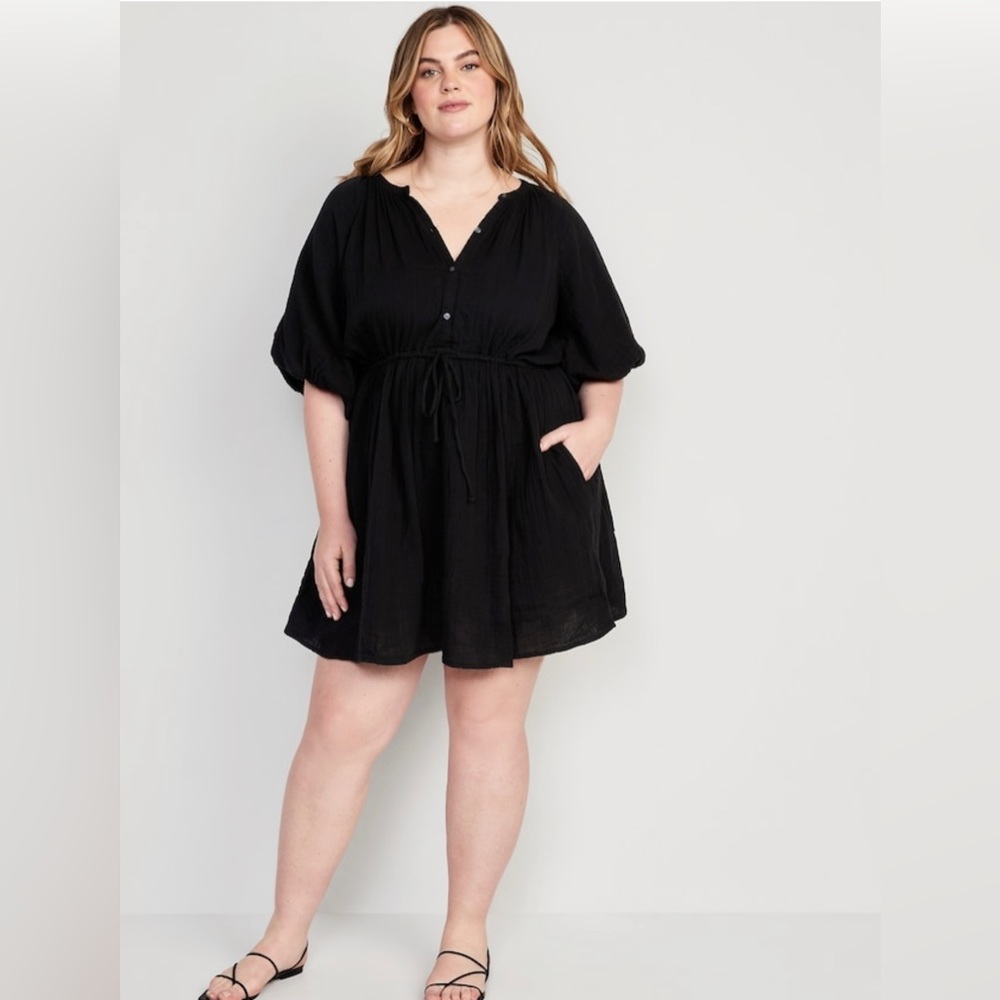 NWT! Black Waist-Defined Puff-Sleeve Mini Poet Dress - Size XL Tall - Picture 7 of 8